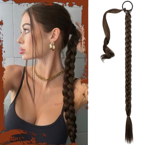 Sofeiyan Long Braid Ponytail Extension with Hair Tie Straight Sleek Wrap Around Hair Extensions Braid Pony Tail Fluffy Natural Soft Synthetic Hairpieces for Women Daily Wear, 34 inch-Black Mixed Brown
