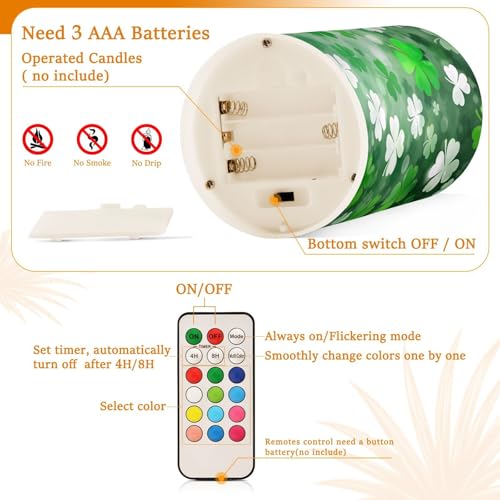 Image of St. Patrick's Day Lights Flameless Candles St Patrick Day White Leaves Pillar Candles Set of 2 Battery Operated Remote Control Warm Lights Home Decor