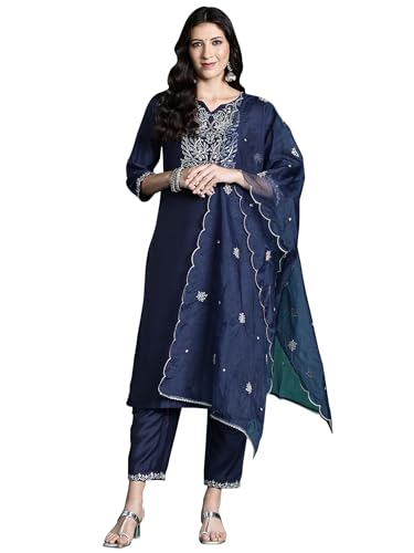 Image of INDO ERA Women's Silk Blend Embroidered Straight Kurta Pant With Dupatta Set