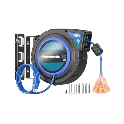 DEWENWILS Retractable Extension Cord Reel, 50 FT Heavy Duty Power Cord, 14AWG/3C SJTOW, 3 Grounded Outlets Lighted Triple Tap, 13 Amp Circuit Breaker, UL Listed Orange & Black
