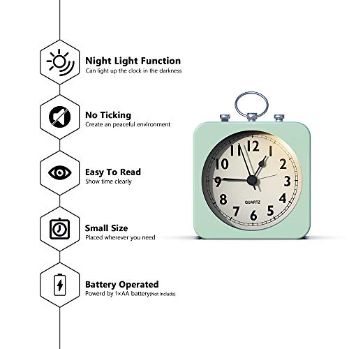 Ayrely Battery Operated Alarm Clock With Square Metal Case,No Ticking Analog Quartz, Simple Operation For Bedroom/Travel/Desk/Kids(Green) #TOP1