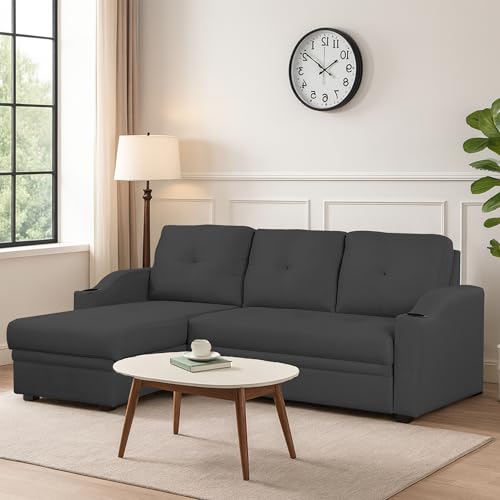Image of Casaliving Ravonna LHS 4 Seater L Shape Corner Sofa Cum Bed for Living Room (Black Fabric) Premium Fabric Sofa