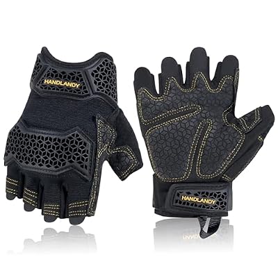 HANDLANDY Fingerless Work Gloves for Men, Padded Tactical Mechanics Gloves, Grip Utility Trucker Driver Gloves (Black-Impact, Medium (Pack of 1))