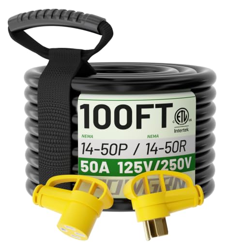 POWGRN NEMA 14-50P to NEMA 14-50R 50 Amp RV/EV Extension Cord 100 FT Outdoor with Grip Handle Flexible Heavy Duty RV Power Cord Waterproof 50A 125/250V 6250/12500W STW Black-Yellow ETL Listed
