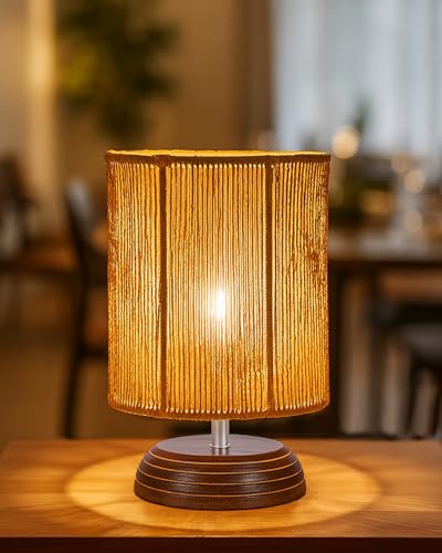Image of Homesake Natural Weave Rope Table Lamp | Handcrafted Boho Bedside Light with Wooden Base | Warm Ambient Home Decor, Livra Collection, Lighting & Office Decor Light