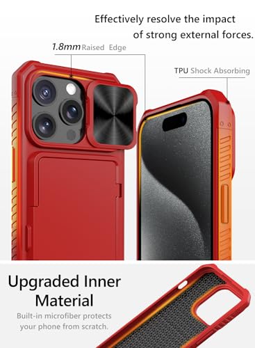 Image of Vihibii PC For iPhone 15 Pro Wallet Case With Card Holder(4 Cards)&Slide Camera Cover&Kickstand&Raised Edges Protective Screen,Shockproof Rugged Back Cover For iPhone 15 Pro 5G 6.1 inch 2023,Red