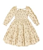 Toddler Girl Dress Long Sleeve Baby Floral Smocked Square Neck Playwear Dress | Spring Fall Casual Dresses (Brown, 5-6T)