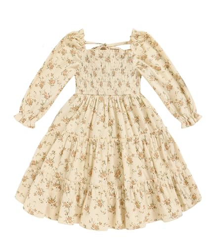 Toddler Girl Dress Long Sleeve Baby Floral Smocked Square Neck Playwear Dress - Spring Fall Casual Dresses (Brown, 5-6T)