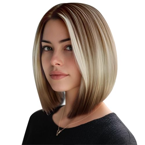 PHOCAS Dark Brown Ombre Blonde Bob Wig Short Straight Bob Wigs Synthetic Shoulder Medium Length Wigs for Women Ready to Go Glueless Wig for Daily Party Cosplay Use