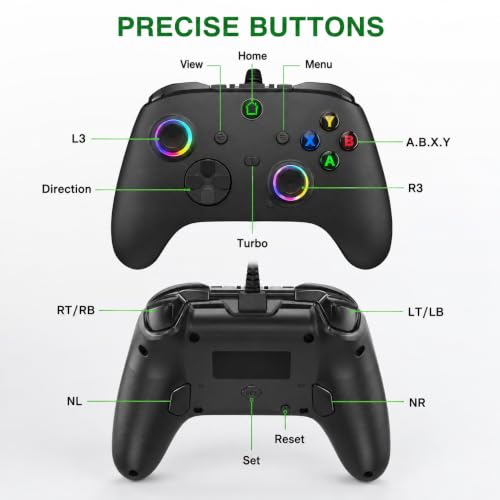 Image of conwin Wired Controller for X box One /S /X & Series S /X /PC Win10+ /Steam Platform, 9.8FT PC Joystick with Dual-Vibration, Turbo, Programmable, RGB LED Light and 3.5mm Stereoscopic Jack (Black-102L)