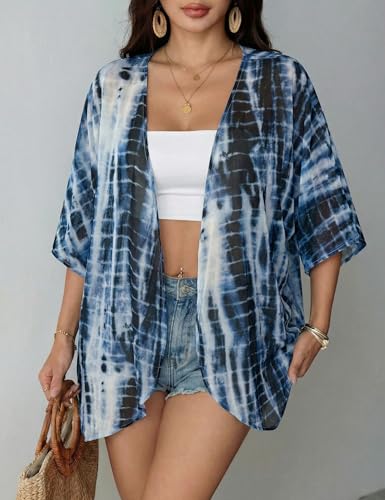 Image of Chunoy Women's Floral Print Puff Sleeve Kimono Cardigan Loose Cover Up Casual Blouse Tops 3X-Large