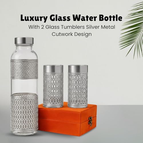 Image of German Silver Water Bottle 1 Ltr | Premium Embossed Design | 100% Pure | Leak-Proof | 2 Water Glass 300ml each | Premium Serving Set for Home & Office | Best for Gifting (Transparent)