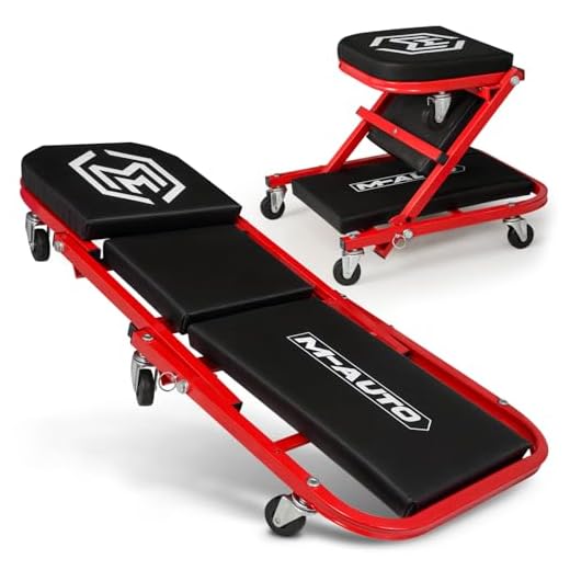 M-AUTO Foldable Z Creeper 2-in-1 Rolling Folding Car Creeper & Seat, 36" Adjustable Roller Garage Chair Lay Down or Sit, 330LBS Capacity Under Car Roller Creeper with 6 Swivel Casters, Red