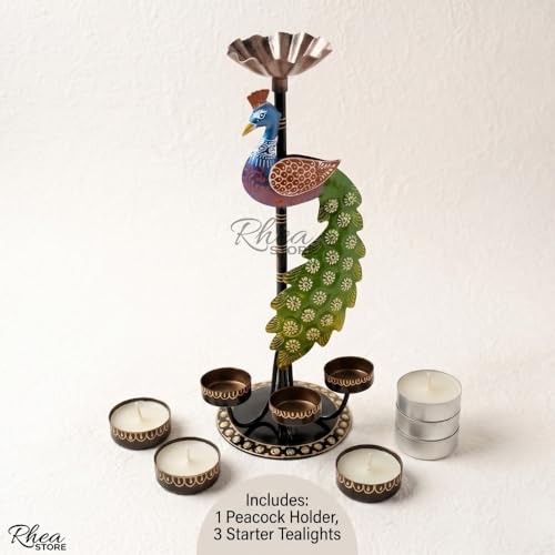Image of Metal Peacock Candle Holder, Multicolour Iron Tealight Stand for Table Decoration Item, Corporate Bulk Gifting and Festive House Lighting Showpiece (14x10x34 CM)