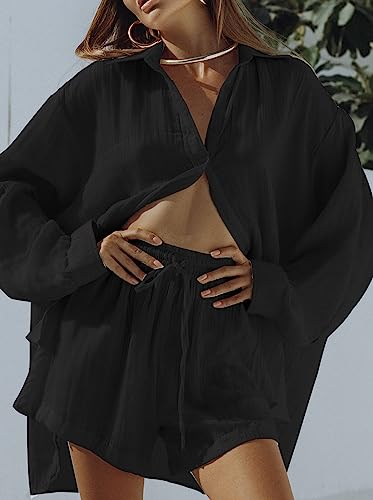 Image of Fixmatti Women 2 Piece Outfits Long Sleeve Button Down Blouse and Shorts Sweatsuit Sets