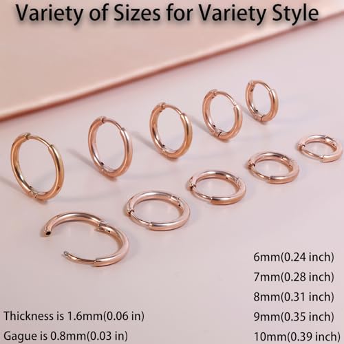 Small Rose Gold Hoop Earrings Lightweight: Hinged Huggie Hoop Earrings for Lobe Cartilage Helix Tiny Hoops Earrings in Gold Plated Silver Black for Women Men (Rose Gold - 6mm/7mm/8mm/9mm/10mm) by Sweetkiki - Image 2