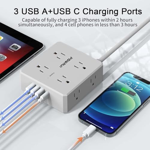 Surge Protector Power Strip - 6 Ft Flat Plug Extension Cord with 8 Widely Outlets and 4 USB Ports(1 USB C), 3 Side Outlet Extender for Home Office, Grey, ETL Listed - 2