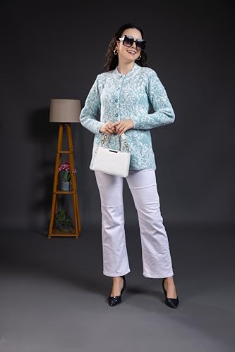 Image of Wear lusso Women Woolen Round Neck Self Design Cardigan | Heavy Hair Fabric Winter Wear | Pure Wool Long Cotty Fully Warm Cardigan Sweater