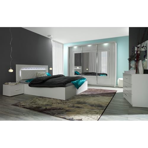 Lomadox Schlafzimmer Set 5-teilig mit Bett 180x200cm, 2 Nachttische, Schwebetürenschrank 208cm, Kommode in weiß Hochglanz