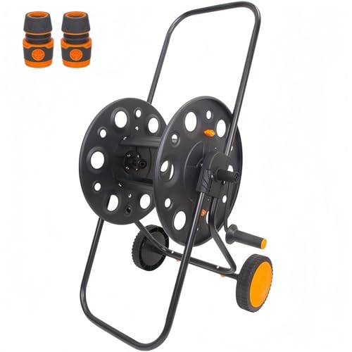 Gamire 水道管収納ラック ホースリールカート 金属 頑丈 キャスター付き 三角が安定し 軽量 揺れない カートヘビーデューティ 巻き取りやすい 芝生 パティオ 80m ホース収納 リールのみ ポータブル 手押し式 屋外 洗車 庭 園芸散水 農場用 組