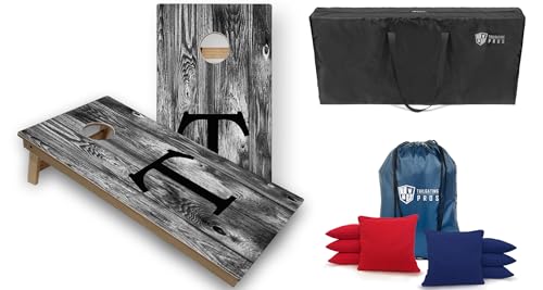 Tailgating Pros Monogrammed Grey Cornhole Boards w/Ring Lights - 4'x2' Tournament Grade Cornhole Game- Includes Ring Lights, Carrying Case, Set of 8 Cornhole Bags & Bag Tote