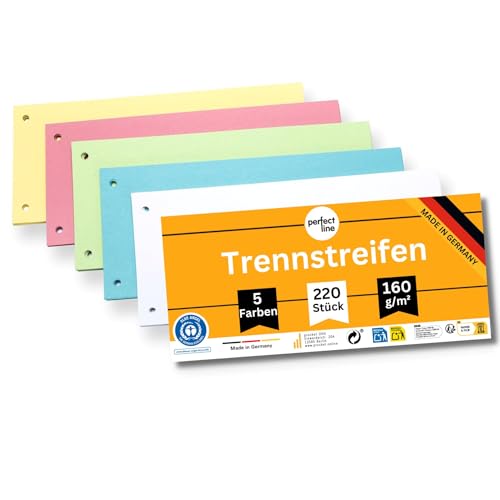 perfect line 220 Trennstreifen für Ordner A4, Trennblätter aus Recycling-Karton Made in Germany, 5 Farben, gelocht