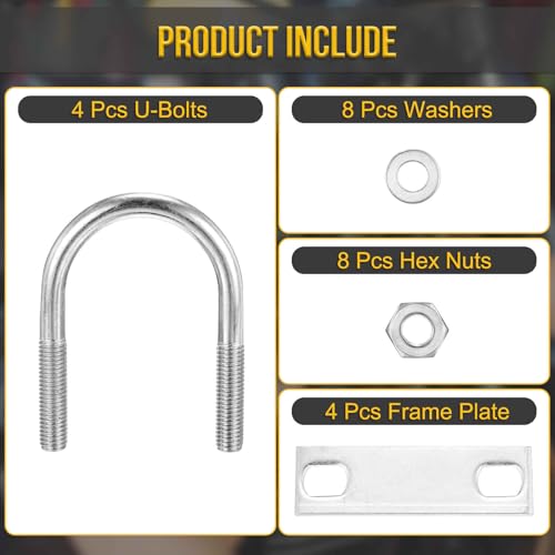 Image of DTGN M10x51x85mm U Bolts Round Kit - 4Set - 304 Stainless Steel U-Bolt Kit with Nuts, Washers, Frame Plate - Good for Pipe, Trailer, Automotive, Leaf Spring Fastener