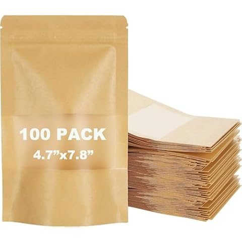100 Pack Ziplock Stand up Kraft Paper Bags Pouches with Window for Food Storage Resealable Packaging Containers Household Reusable Organizer (4.7 x 7.8 Inch) Cover