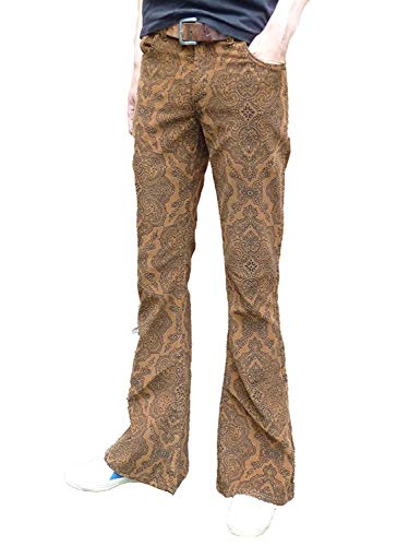 Mens Bell Bottoms Paisley Brown Flares Pants Corduroy 60s 70s Indie Mod Hippie (34