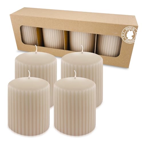 Stumpenkerzen 4er Set mit Rillen, Sahara Beige Weiß, Adventskerzen,...