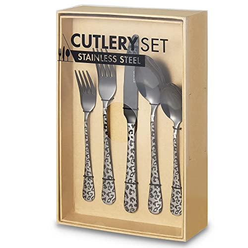 Fivent Leopard Black Cutlery Set - 20 Pcs - Includes 8 X Spoons, 8 X Forks, 4 X Knife - Stainless Steel, Dishwasher Safe, Mirror Polished Tableware - Durable Flatware - Home Kitchen #TOP3