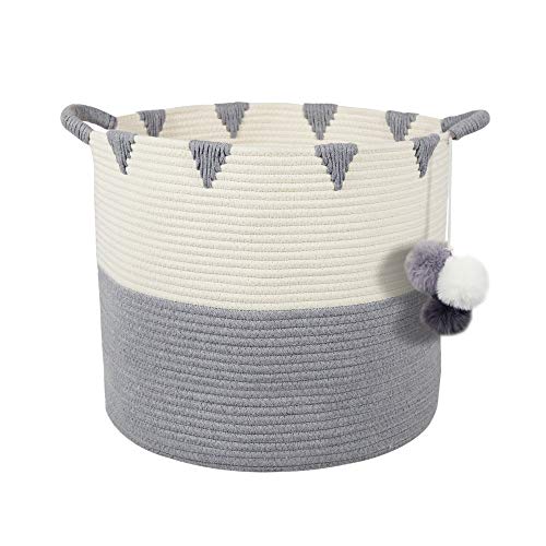 Solaya Large Cotton Rope Basket Storage with Handles - Chevron Grey Woven Toy Storage Basket for Laundry Hamper, Diapers, Nursery, Toys, Towels (17