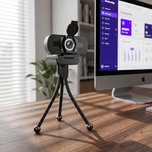 Webcam HD 1080p com capa de privacidade e tripé USB Plug and Play com microfone de cancelamento de ruído para transmissão de chamadas de vídeo no PC