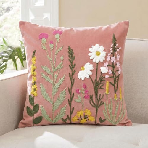 AVOIN colorlife Spring Summer Floral Daisy Embroidered Throw Pillow Cover, 18 x 18 Inch Light Pink Colorful Flowers Decorative Tufted Patterned Linen Cushion Case for Sofa Couch