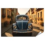 Poster de qualité supérieure sur papier poster de qualité supérieure. Motif : voiture de coccinelle classique sur route pavée dans un village européen