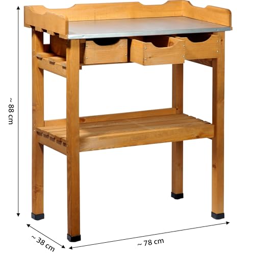 dobar® 29030e Pflanztisch mit 3 Schubladen | Gärtnertisch mit Ablageboden | Umtopftisch Kiefernholz | Blumentisch Massivholz | Gartentisch Outdoor | Verzinkte Arbeitsplatte | 80 x 40 x 90 cm | Braun