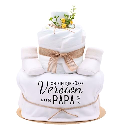Trend Mama® | Windeltorte | Sprüche | 27 Windeln (Größe 2), Baby Lätzchen, Kuschelsocken |Geschenk Geburt (Design| Ich bin die süsse Version von Papa)