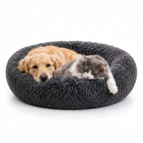 Image of Round Donut Pet Bed for Dogs & Cats, Soft Plush Faux Fur Sleeping Mat, Cozy Calming Nest with Raised Supportive Rim, Reversible 2-in-1 Design, Washable Pet Cushion | Gray, Small, Gray, Small
