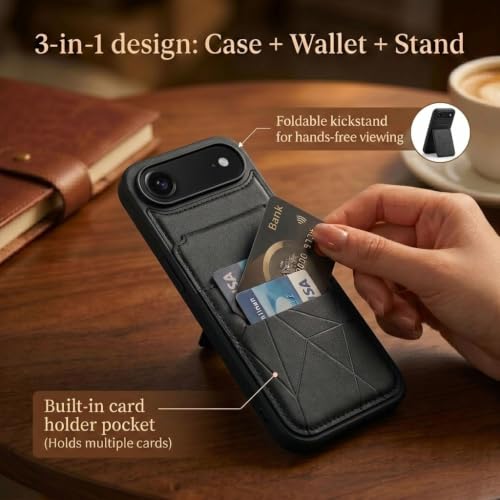 Image of amazon basics Premium Vegan Leather Back Cover with Card Holder and Integrated Mobile Stand for iPhone 17 Air - Slim Shockproof Wallet Case with Geometric Stitching [Black]