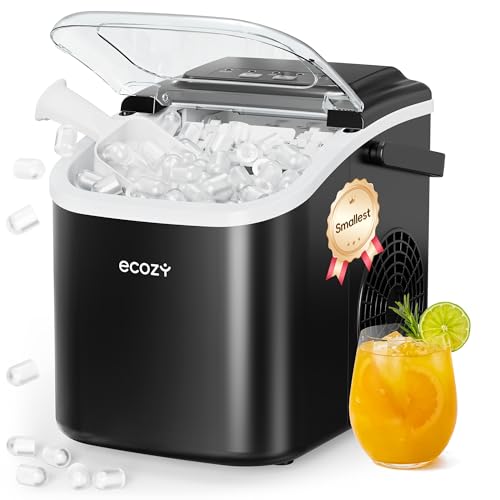 Image of ecozy Portable Countertop Ice Maker, 8 Cubes in 6 Mins, 26lbs/Day, Bullet Ice Maker Machine with 2 Ice Sizes, Self-Cleaning Ice Maker with Carry Handle for Home/Kitchen/Party/Travel - 2026 Version