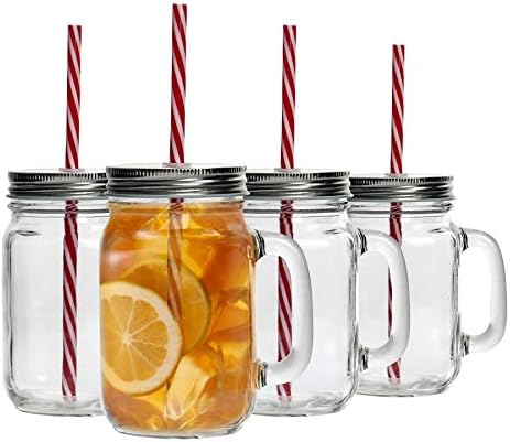 4X 450ml Glass Drinking Mason Jars with Lid and Reusable Straw - Mason Style Jam Jar Cocktail Glasses with Handle - by Rink Drink