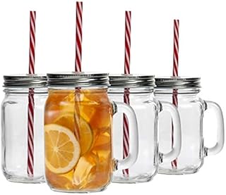 4X 450ml Glass Drinking Mason Jars with Lid and Reusable Straw - Mason Style Jam Jar Cocktail Glasses with Handle - by Rink Drink