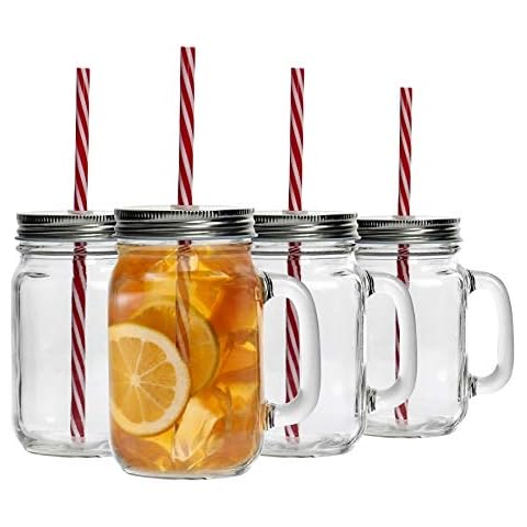 4X 450ml Glass Drinking Mason Jars with Lid and Reusable Straw - Mason Style Jam Jar Cocktail Glasses with Handle - by Rink Drink Cover
