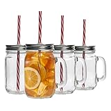 Rink Drink Einmachgläser mit Deckel und wiederverwendbarem Strohhalm - 4 Stück - 450 ml Trinkgläser aus Glas mit Griffen und Schraubverschluss für Overnight Oats, Smoothies, Cocktails, Getränke