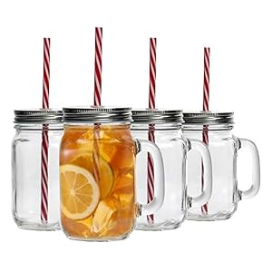 Rink Drink Drinking Mason Jars with Lids and Reusable Straw – Pack of 4-450ml Glass Drinking Jar Mugs with Handles and Screw Top for Overnight Oats, Smoothies, Cocktails, Drinks