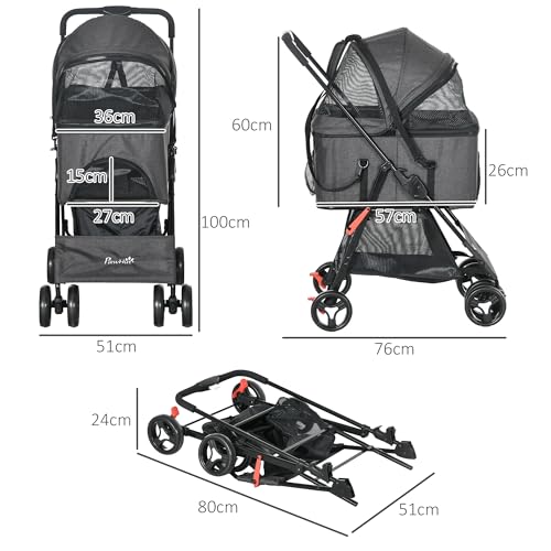 PawHut 3 in 1 Hundebuggy Buggy Faltbarer Tierbuggy 4 Räder Transportkorb mit abnehmbarem Griff, Kissen, verstellbares Vordach, Oxford-Stoff, Grau