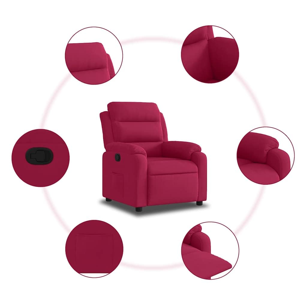 Fauteuil de relaxation en velours rouge vin avec fonction de couchage manuelle, cadre en bois et métal, 75 x 92,5 x 100 cm, confortable pour salon et jardin