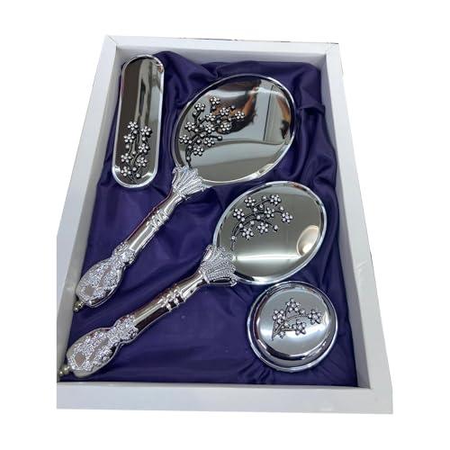 Bridal Vanity Set for Women – Silver TreE Branch Mirror Brush Comb Set, Vintage Hand Mirror & Hair Brush Kit
