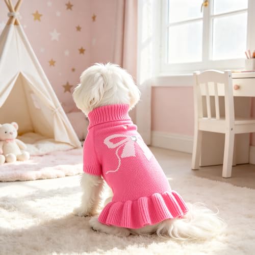 Image of YUDODO Bowknot Dog Sweater Dress for Small Dogs Girl, Stretchy Pet Clothes