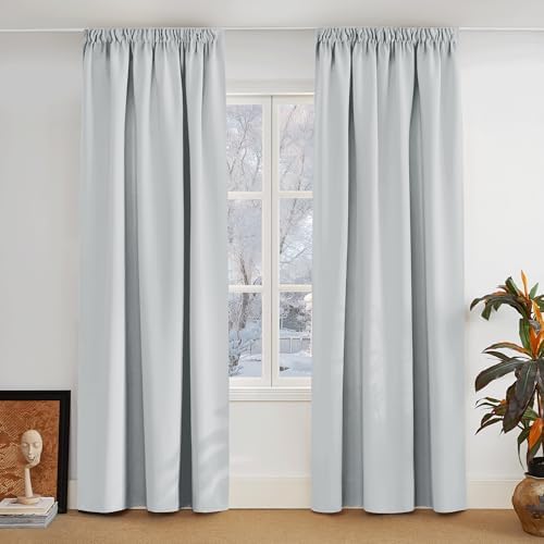 PONY DANCE Wohnzimmer Gardinen mit Kräuselband Vorhang Blickdicht | 2er Set, H245 x B140 cm, Grau-weiß, Thermovorhang gegen Kälte, für Wohnzimmer, Verdunklungsvorhänge, Thermal Cur
